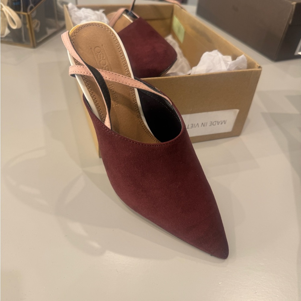 Brand new in box ASOS high heel pump bootie burgundy and pink size 6